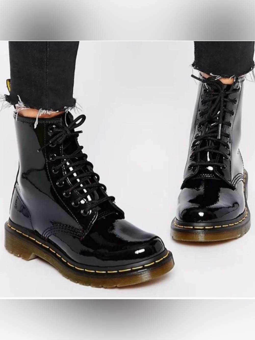 Dr Martens Black Patent Lace-Up Combat Boots - Women's Size 8
